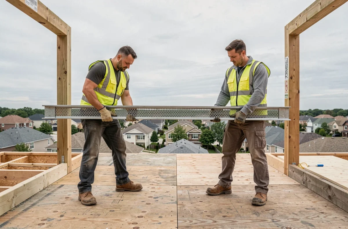 Deux charpentiers posant une poutre POSI sur les murs porteurs d'une maison en construction