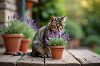Chat tigré reniflant un pot de lavande dans un jardin, illustrant la curiosité des chats pour les plantes aromatiques