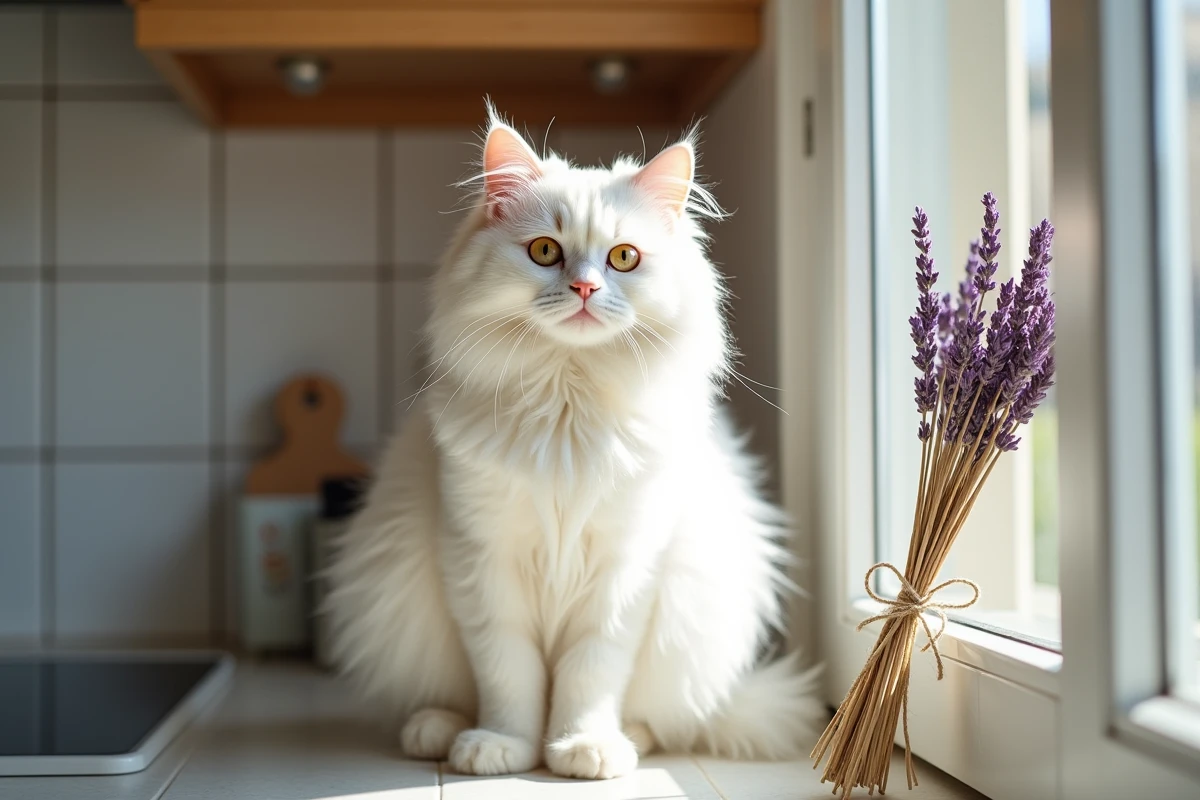 Chat persan blanc assis près d'un bouquet de lavande séchée sur un rebord de fenêtre, dans un intérieur de maison