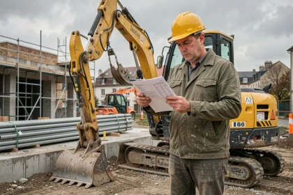Chef de chantier consultant les coûts de location de matériel devant une mini-pelleteuse sur un chantier de construction urbain en France