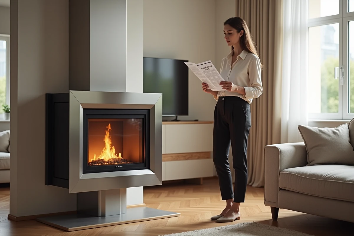 Femme consultant une notice d'installation pour une cheminée bioéthanol sans conduit dans un appartement