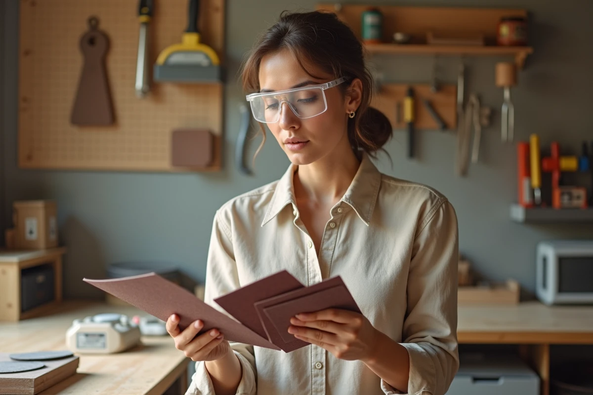 Femme comparant des feuilles de papier abrasif de différents grains pour choisir le bon grain avant de poncer un mur peint
