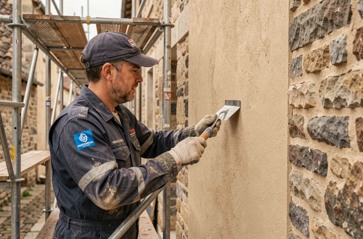 Artisan de Cofapi appliquant un enduit de ravalement sur une façade en pierre dans l'Oise