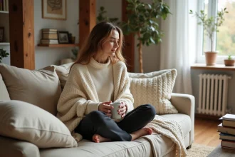 Jeune femme enveloppée dans un plaid en tricot ivoire sur un canapé en lin beige, ambiance cocooning nordique