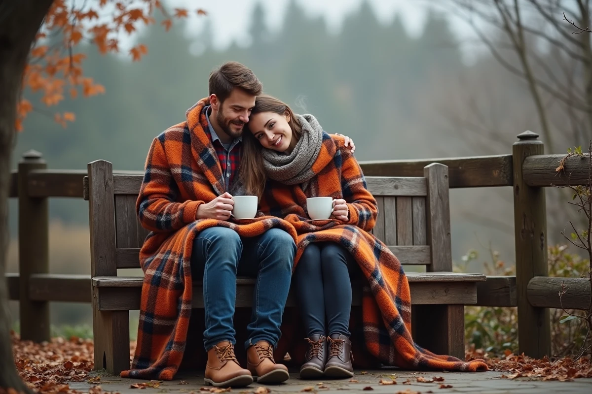 Couple partageant un plaid tartan en laine sur un banc de terrasse en bois entouré de feuilles d'automne