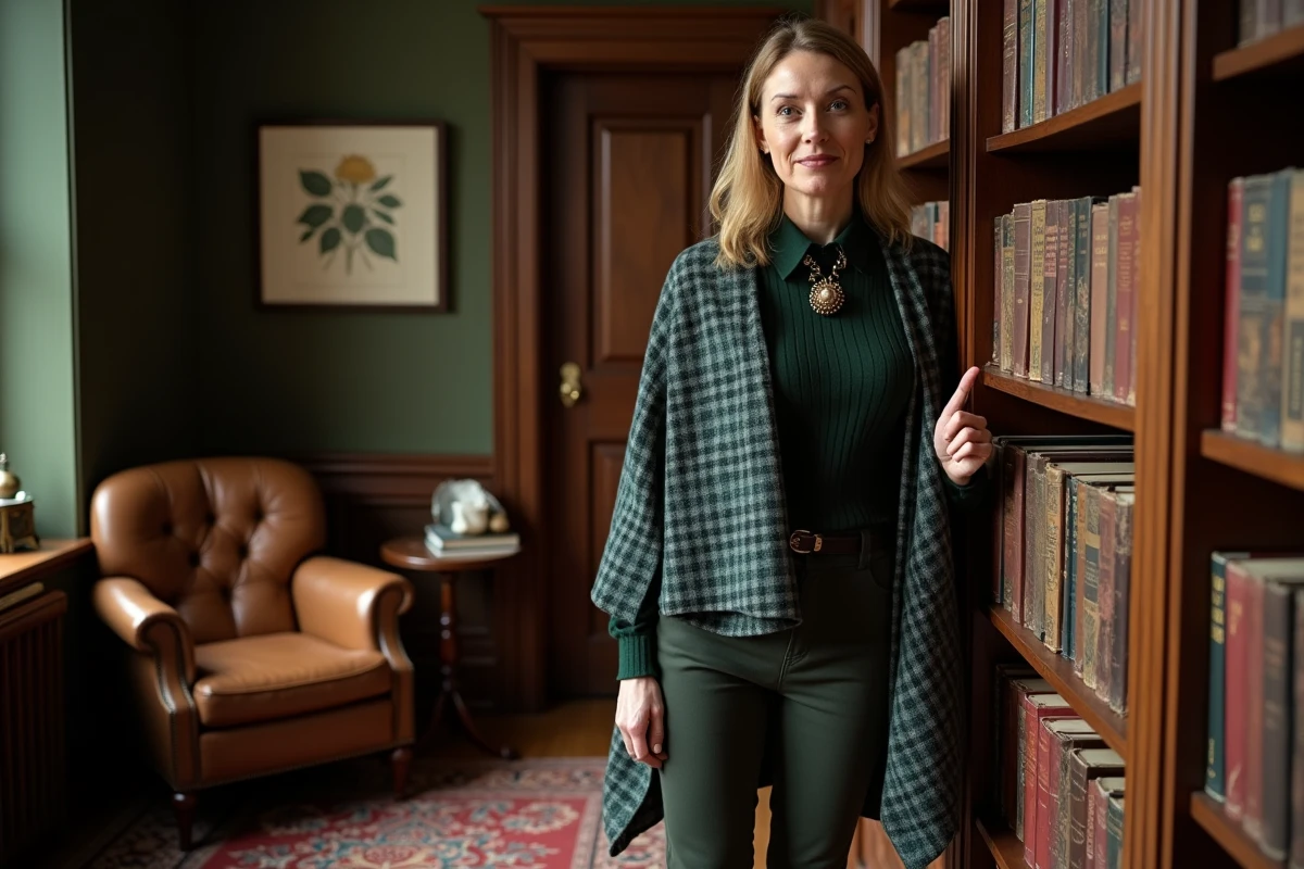 Femme portant un plaid en laine style cape fixé avec une broche, stylé comme un vêtement dans une bibliothèque élégante