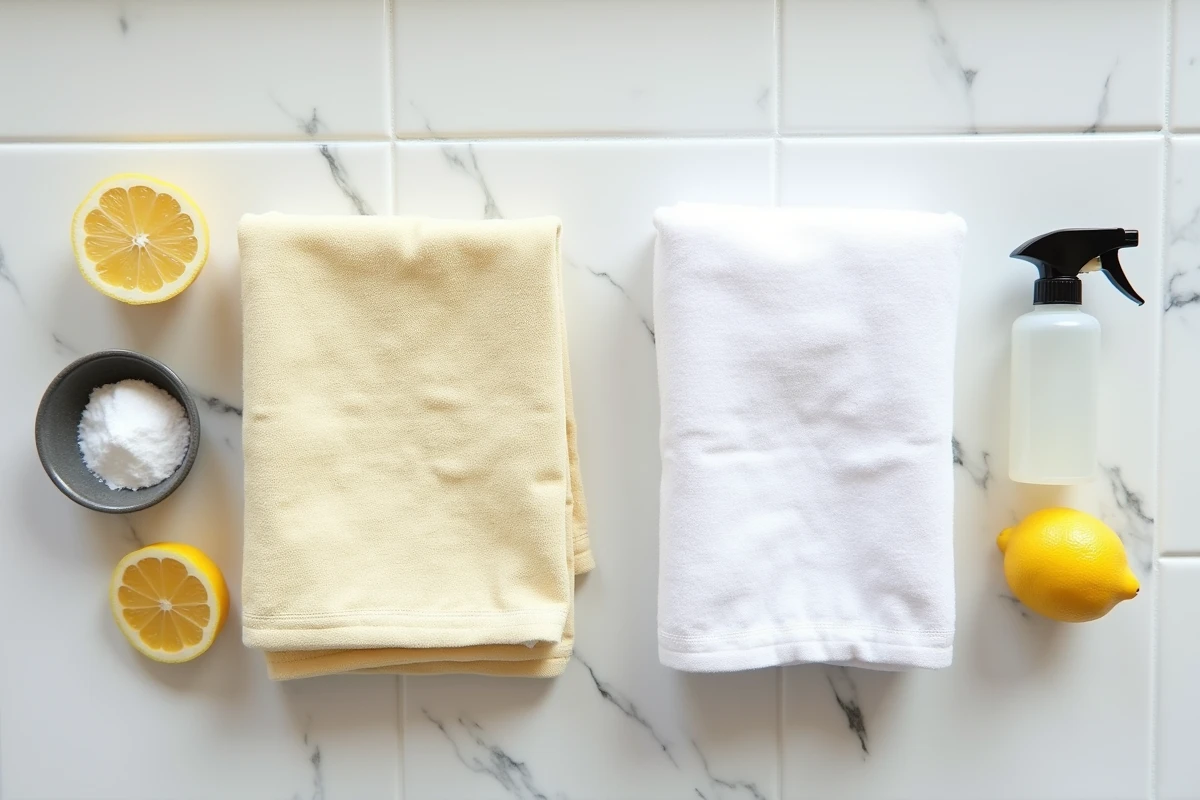 Comparaison avant après de serviettes en lin, l'une grisée et l'autre blanchie, avec des ingrédients naturels sur marbre blanc