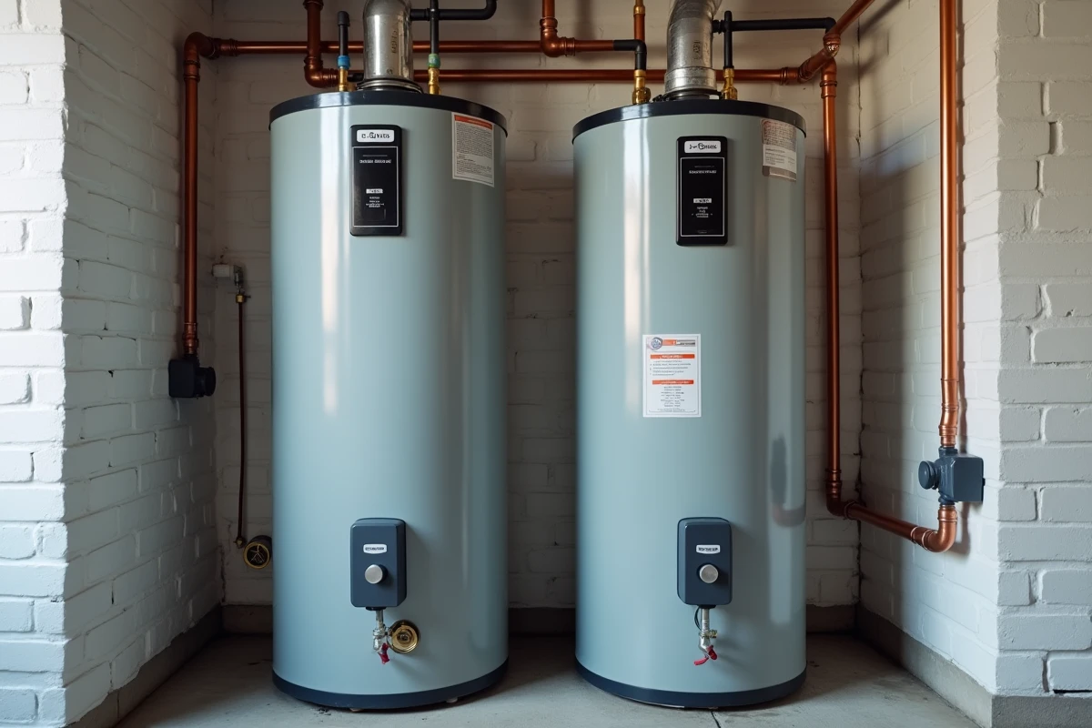 Comparaison côte à côte d'un chauffe-eau gaz et d'un chauffe-eau solaire dans un sous-sol résidentiel