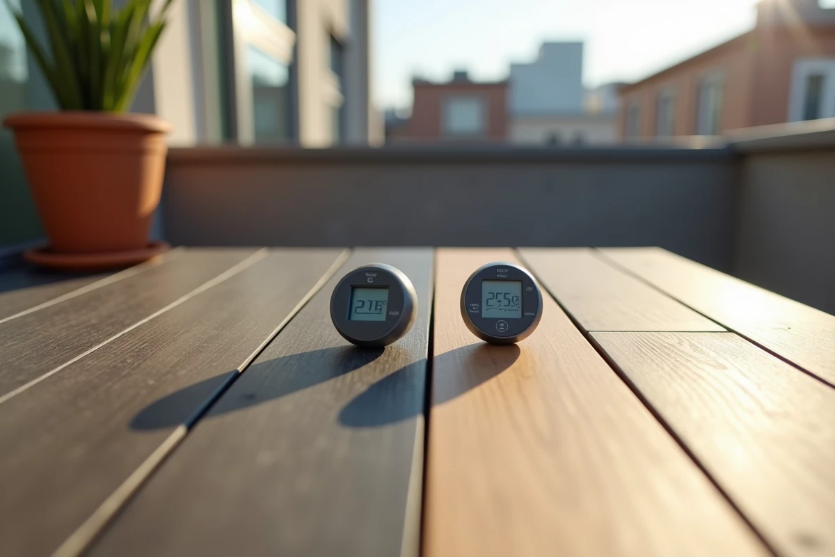Comparaison de deux lames de terrasse composite claire et foncée avec thermomètre en plein soleil