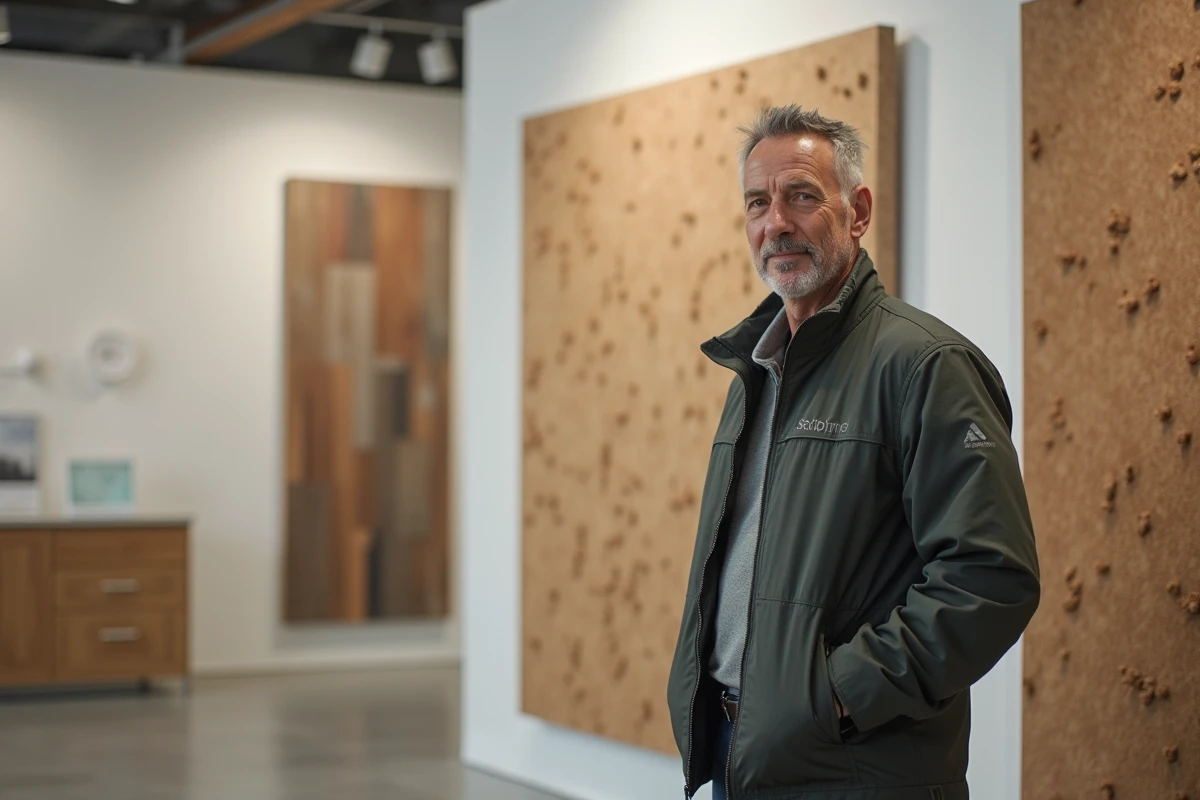Homme dans un showroom de matériaux durables présentant liège, bois récupéré, mycélium et verre recyclé pour comparer leur impact environnemental
