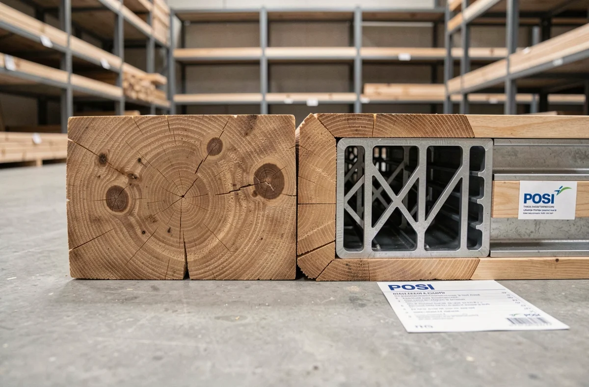 Comparaison côte à côte entre une poutre en bois massif et une poutre POSI à âme ouverte en showroom de matériaux