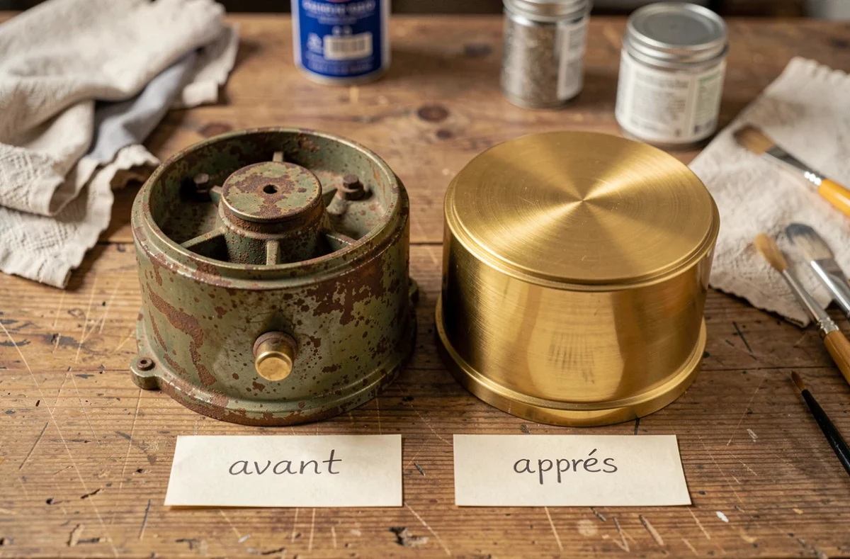 Comparaison avant-après de deux pièces de gramophone ancien, une oxydée et une restaurée, posées côte à côte sur un établi