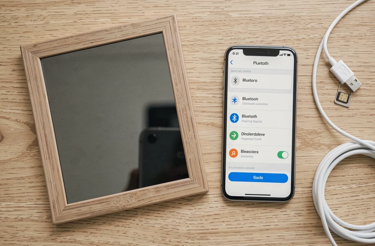 Vue du dessus d'un cadre photo connectée avec smartphone Bluetooth, carte SIM 4G et câble USB sur bureau en chêne