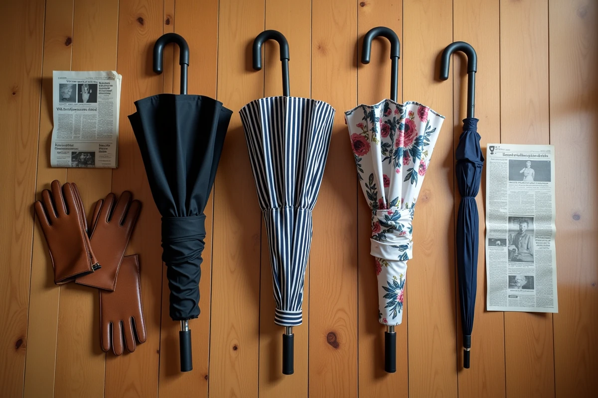 Comparatif à plat de trois parapluies inversés de différents modèles posés sur un parquet en bois, avec un parapluie classique pour référence
