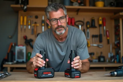 Homme comparant une batterie Bosch 18V et une batterie Parkside 20V dans un atelier bricolage