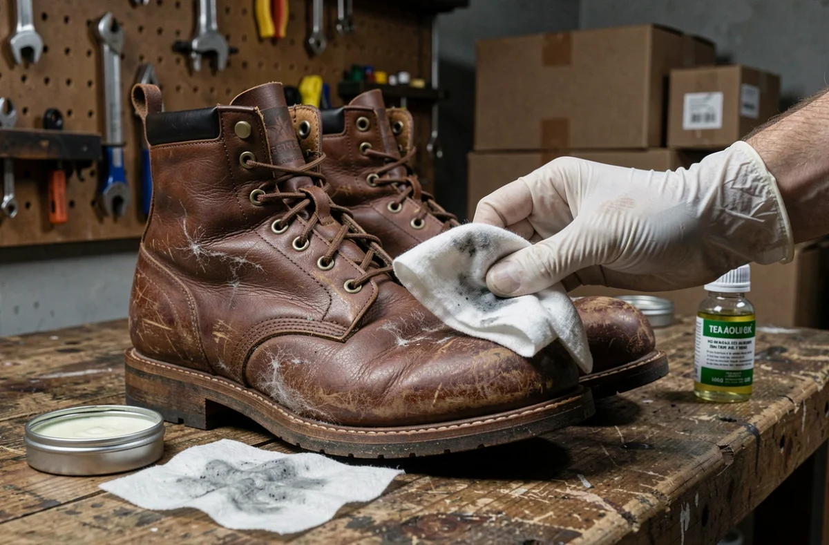 Application d'un conditionneur antifongique sur des bottes en cuir moisies posées sur un établi en bois