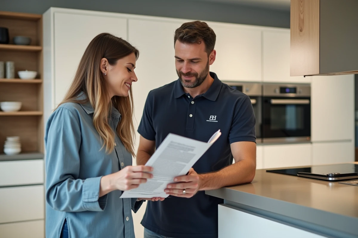 Une cliente et un conseiller de vente discutant des options de livraison et d'installation dans un showroom de meubles