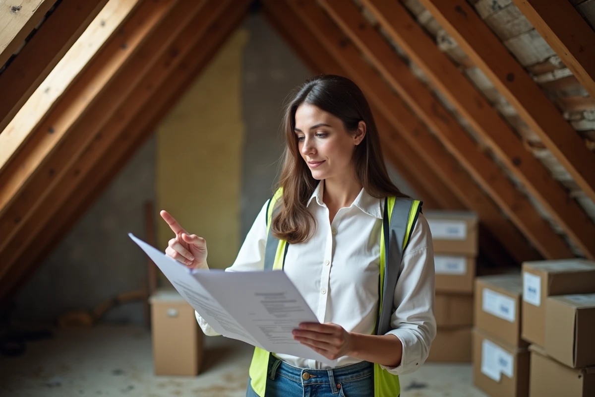 Conseillère en rénovation énergétique examinant un rapport de DPE dans un grenier mal isolé