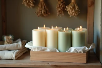 Bougies pilier non utilisées rangées dans une boîte en bois tapissée de papier de soie sur une étagère rustique