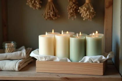 Bougies pilier non utilisées rangées dans une boîte en bois tapissée de papier de soie sur une étagère rustique