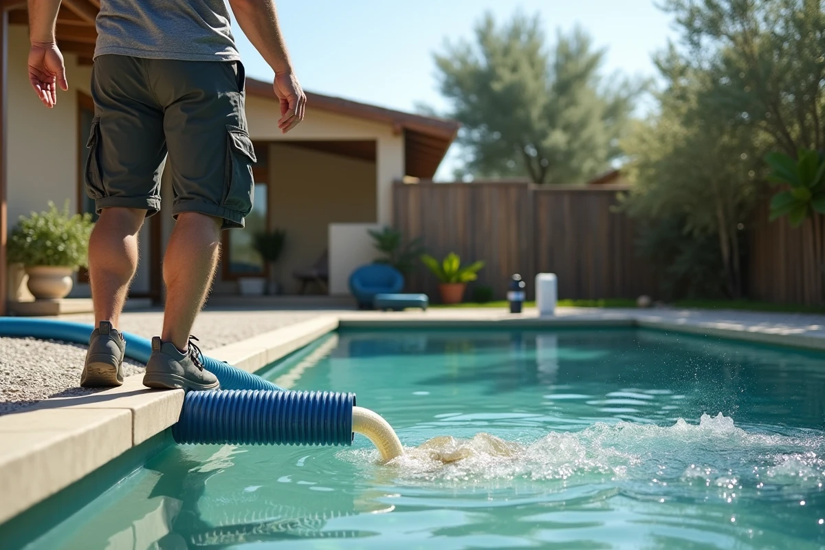 Vue en contre-plongée du tuyau de lavage d'un filtre à sable évacuant l'eau sale lors d'un contre-lavage de piscine