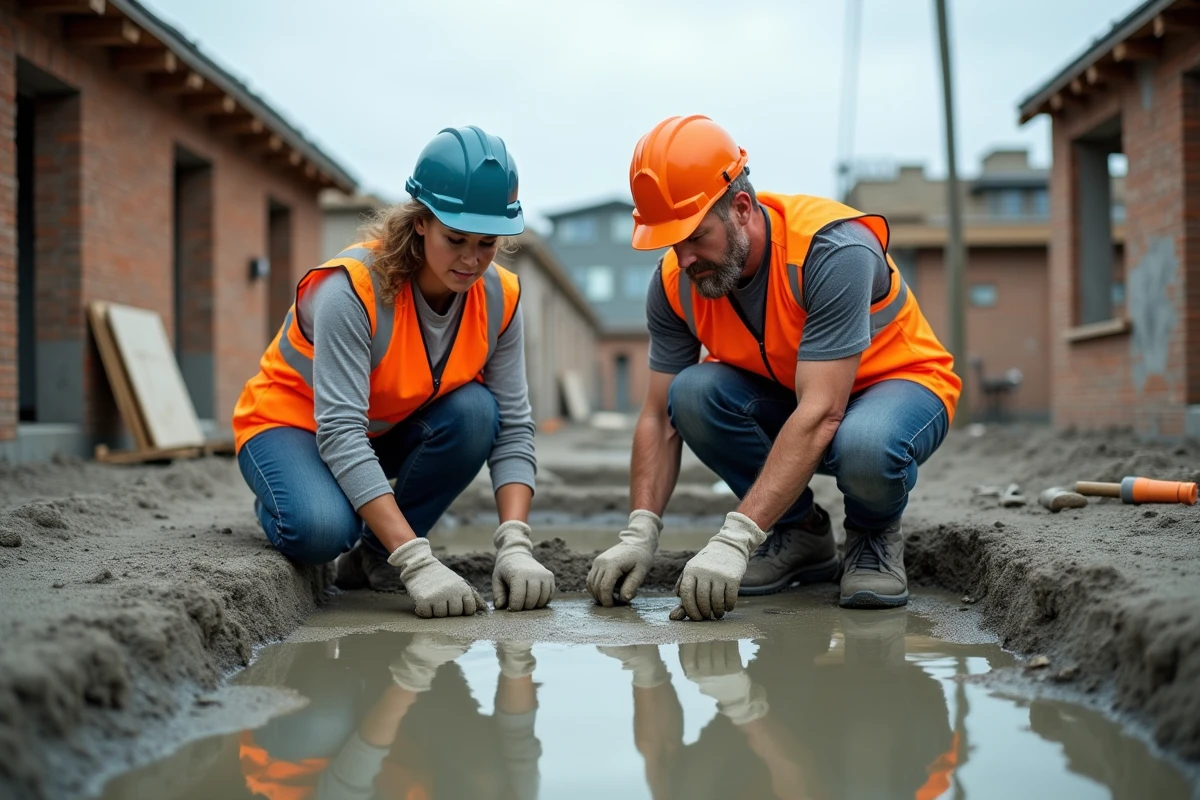 Ouvriers du bâtiment coulant du béton dans des coffrages pour renforcer les fondations d'une maison résidentielle