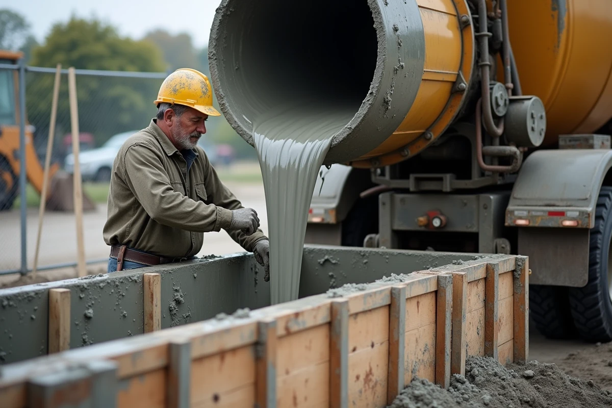 Coulée de béton depuis la toupie dans un coffrage en bois sur chantier