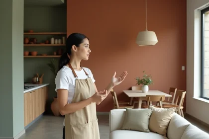 Femme dans un salon ouvert avec des pièces aux couleurs différentes mais harmonieuses, illustrant la décoration intérieure multicolore