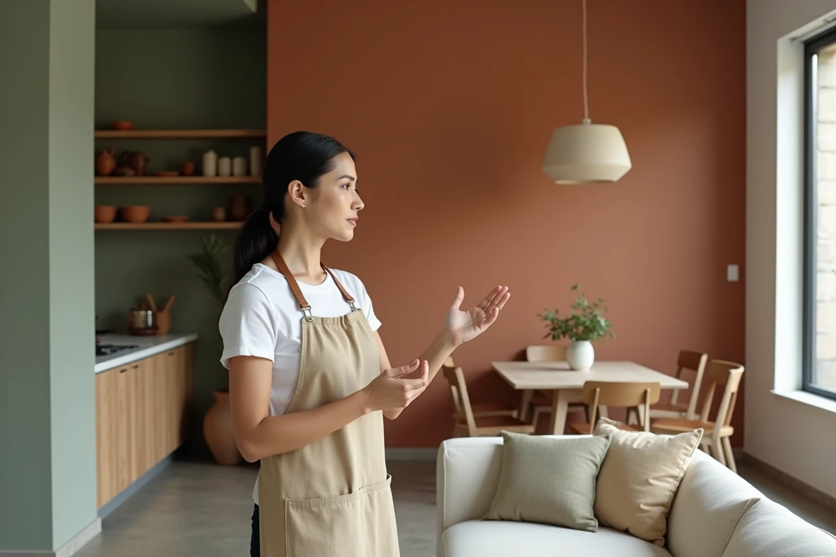 Femme dans un salon ouvert avec des pièces aux couleurs différentes mais harmonieuses, illustrant la décoration intérieure multicolore