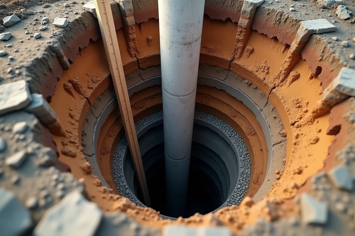 Coupe transversale d'un pilotis en béton enfoncé dans les couches géologiques du sol lors d'une fouille