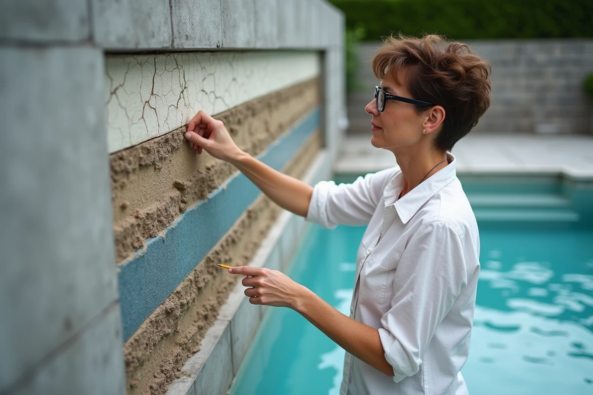 Coupe transversale des parois d'une piscine révélant les couches de béton, membrane d'étanchéité et carrelage lors d'une rénovation