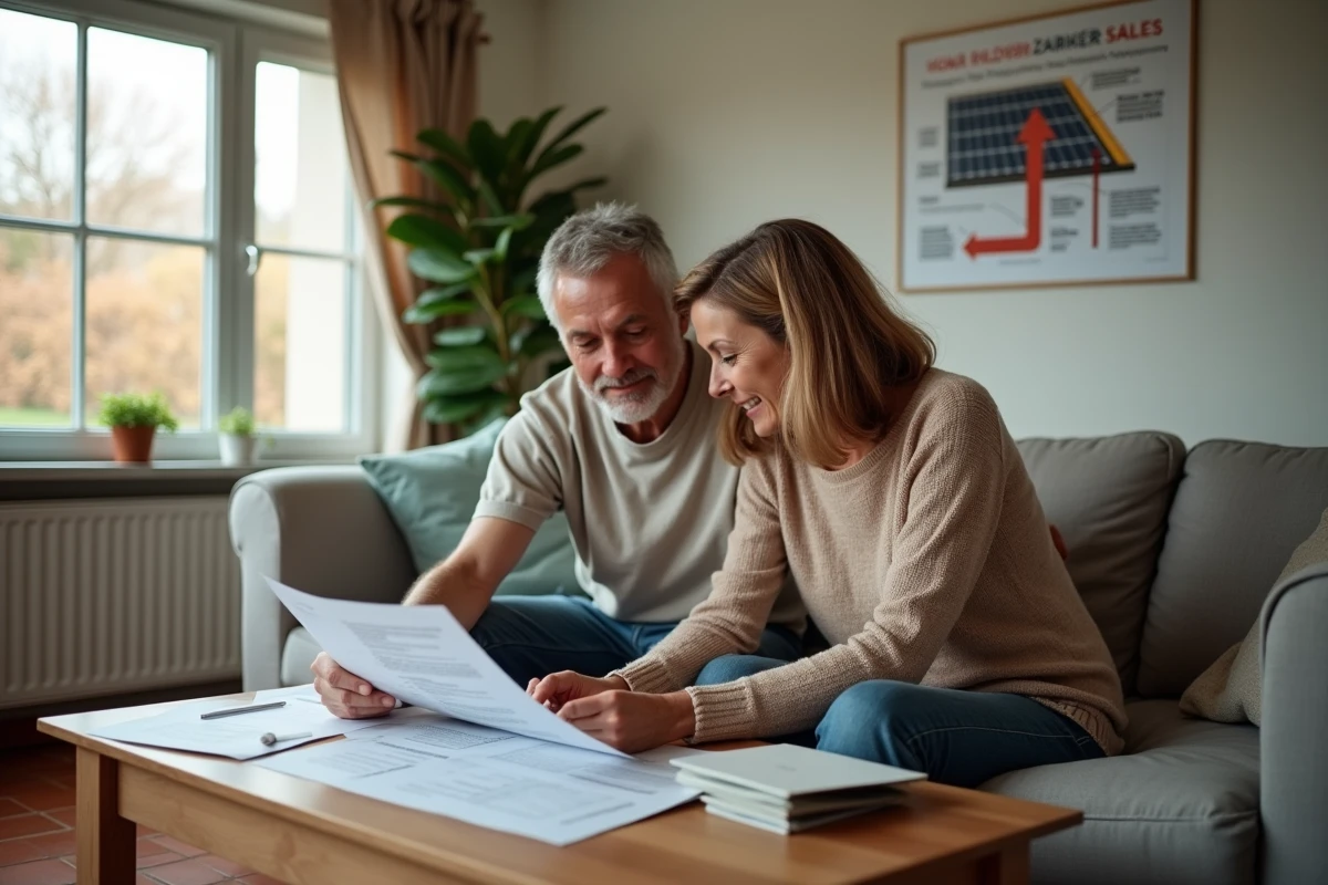 Couple étudiant des options de chauffage écologique et des factures d'énergie à la maison