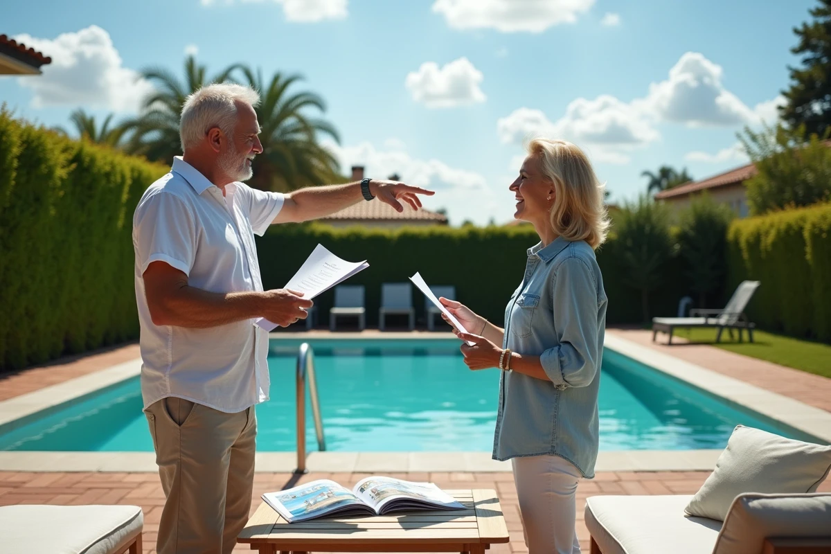 Couple évaluant les dimensions d'une piscine rectangulaire aménagée dans un jardin