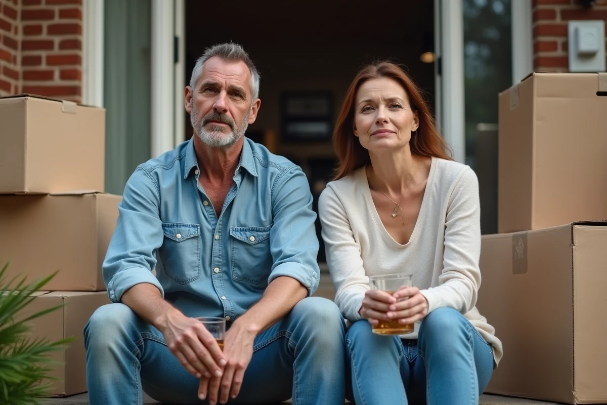 Couple fatigué assis sur les marches d'entrée de leur nouvelle maison entouré de cartons