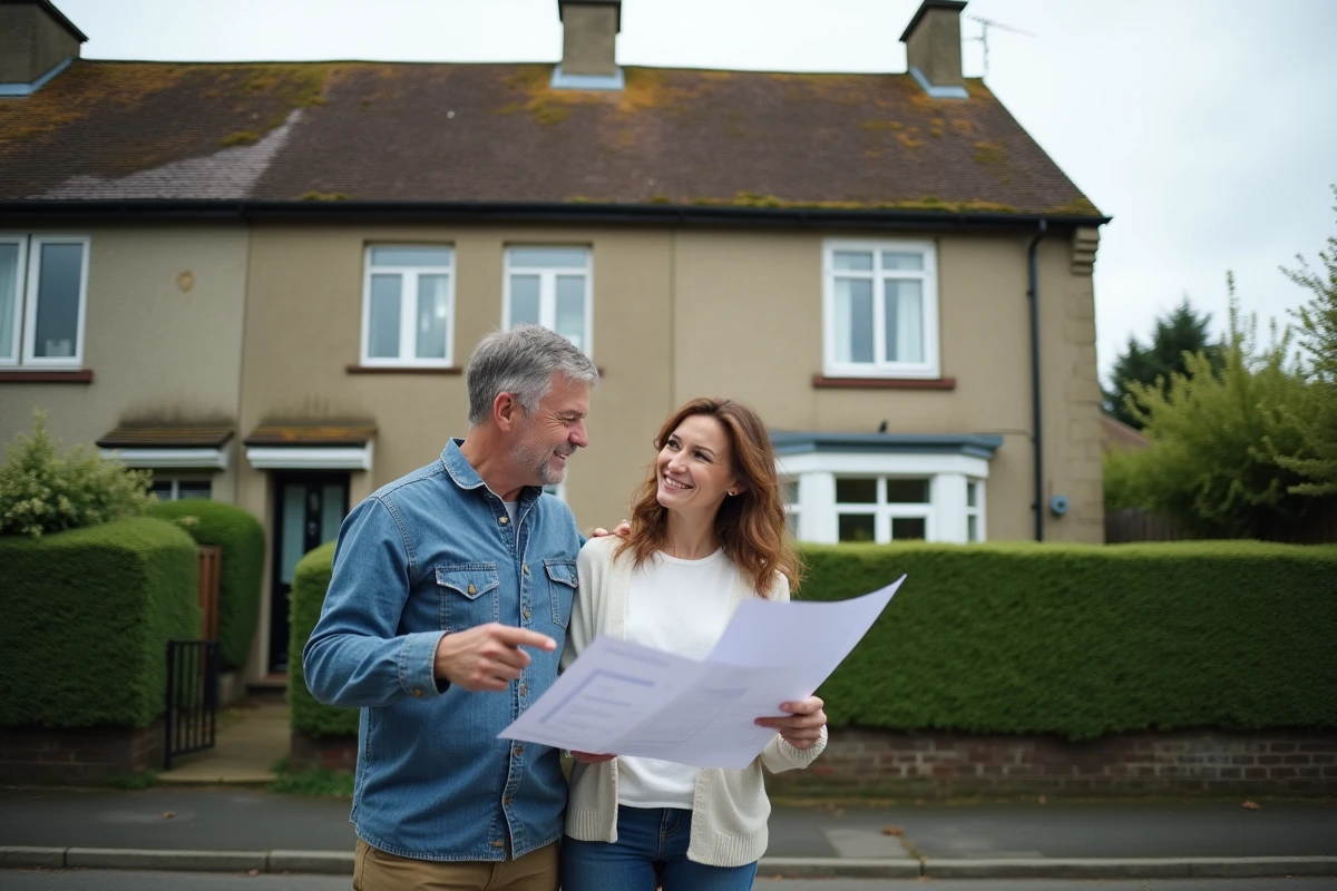 Couple devant une maison ancienne à rénover tenant un devis de travaux de rénovation