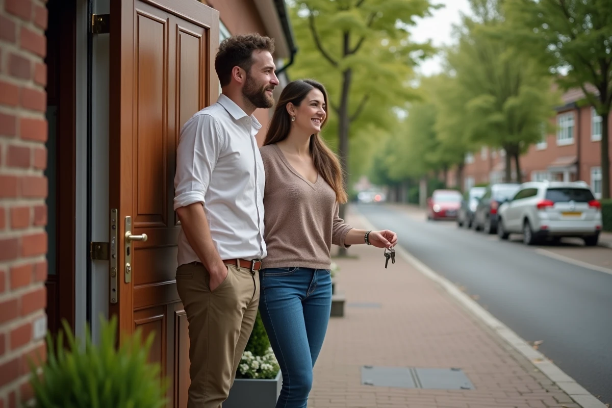 Couple devant la porte d'entrée de leur nouvelle maison, tenant les clés avec un sentiment mêlé d'anticipation et de soulagement après un déménagement