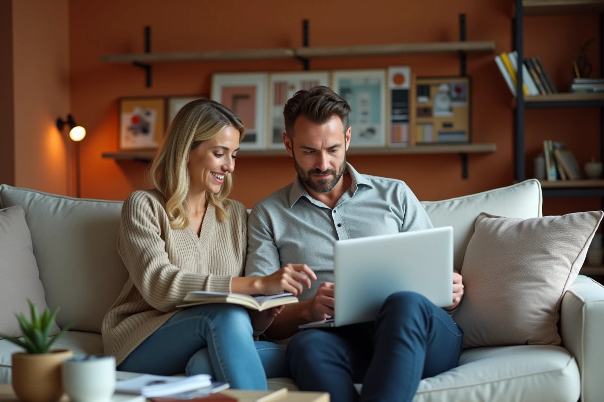 Couple utilisant un outil IA gratuit de home design en ligne pour planifier la décoration et l'aménagement intérieur de leur appartement
