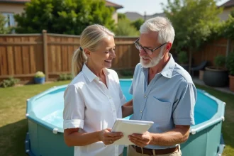 Couple devant une piscine hors-sol dans un jardin résidentiel, consultant un document sur les réglementations fiscales liées aux piscines