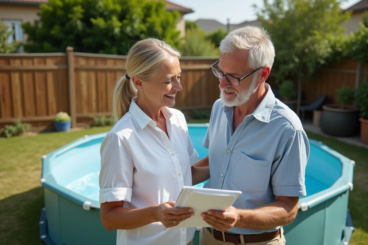 Couple devant une piscine hors-sol dans un jardin résidentiel, consultant un document sur les réglementations fiscales liées aux piscines