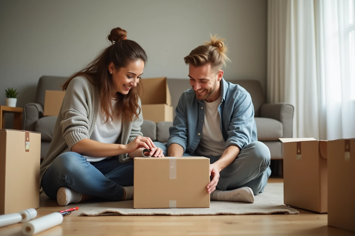 Couple en train d'assembler et scotcher des cartons de déménagement dans un appartement