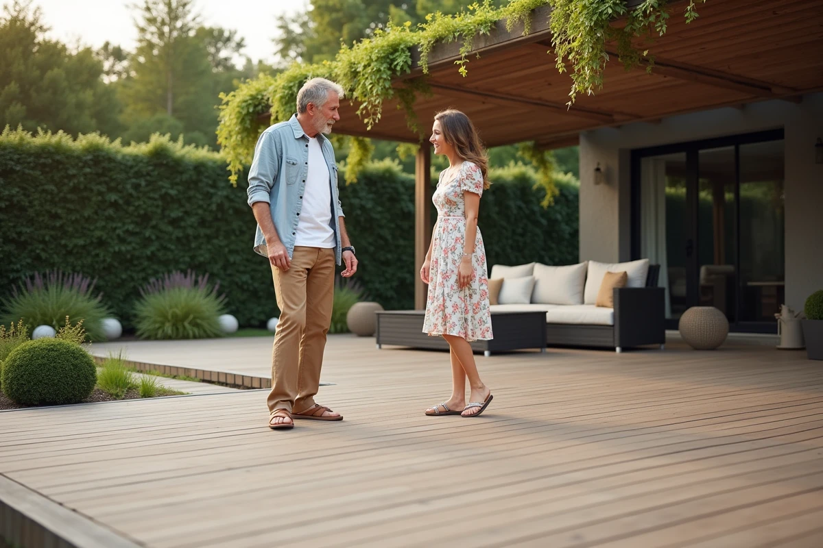 Couple discutant sur une grande terrasse composite moderne dans un jardin résidentiel ensoleillé