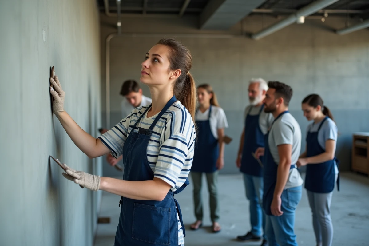 Cours de bricolage en présentiel dans un centre de formation professionnelle avec des adultes apprenant le plâtrage