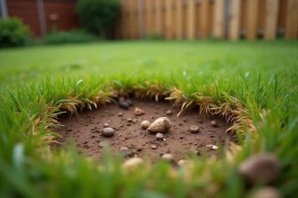 Herbe brûlée et jaurie causée par des crottes de poulet dans un jardin résidentiel
