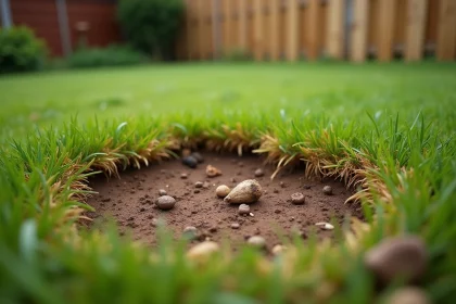Herbe brûlée et jaurie causée par des crottes de poulet dans un jardin résidentiel