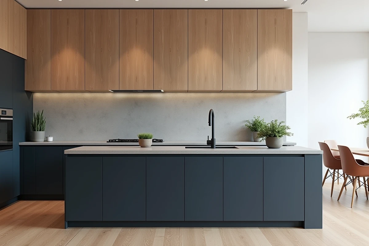 Cuisine minimaliste scandinave avec armoires bleu marine et bois de chêne naturel, tendance couleurs de cuisine pour 2026