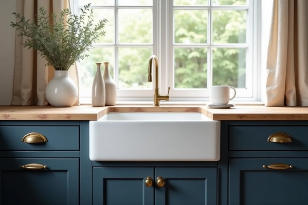 Cuisine scandinave avec armoires bleu marine, plan de travail en bois et robinetterie dorée