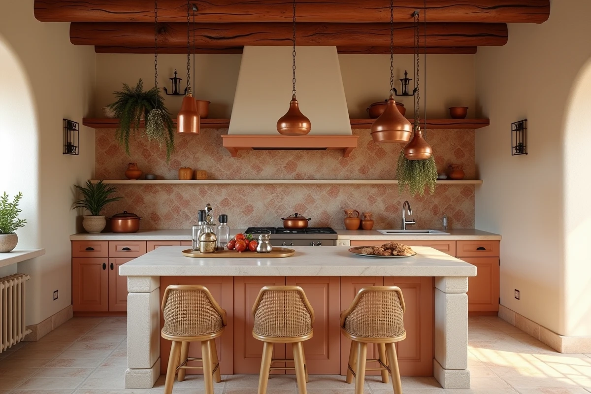 Cuisine méditerranéenne aux tons terracotta avec carrelage artisanal, ustensiles en cuivre et comptoir en pierre