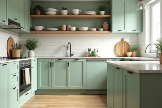 Cuisine moderne avec armoires vert sauge, plan de travail en marbre et carrelage métro blanc