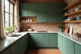 Cuisine moderne repeinte en vert sauge mat avec des éléments en laiton brossé et un plan de travail en marbre blanc, tendance déco 2026