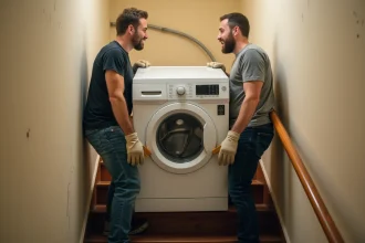 Deux hommes déménagent un lave-linge dans un escalier d'appartement en utilisant des sangles de déménagement